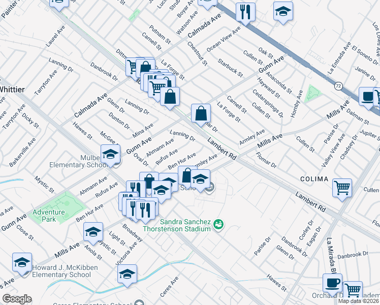 map of restaurants, bars, coffee shops, grocery stores, and more near 9651 Ben Hur Avenue in Whittier