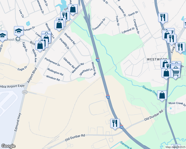 map of restaurants, bars, coffee shops, grocery stores, and more near 2233 Windsor Road in Cayce