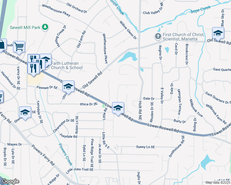 map of restaurants, bars, coffee shops, grocery stores, and more near 222 Lucky Drive in Marietta