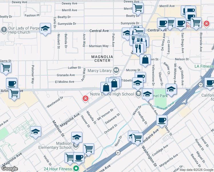 map of restaurants, bars, coffee shops, grocery stores, and more near 7024 Magnolia Avenue in Riverside