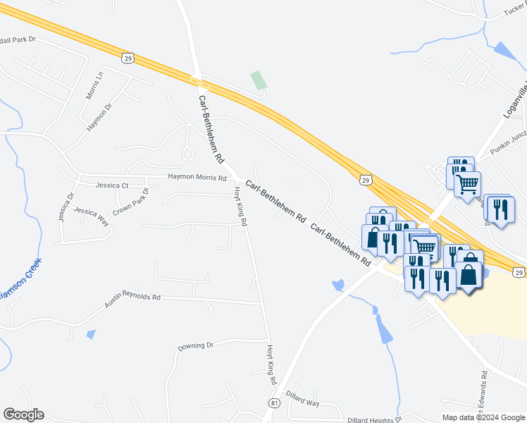 map of restaurants, bars, coffee shops, grocery stores, and more near 654 Carl-Bethlehem Road in Bethlehem