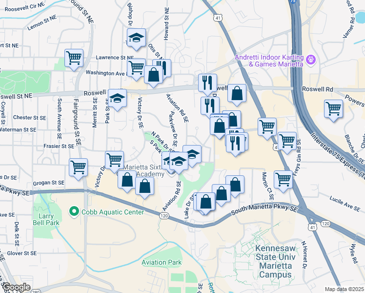 map of restaurants, bars, coffee shops, grocery stores, and more near 230 Aviation Road Southeast in Marietta