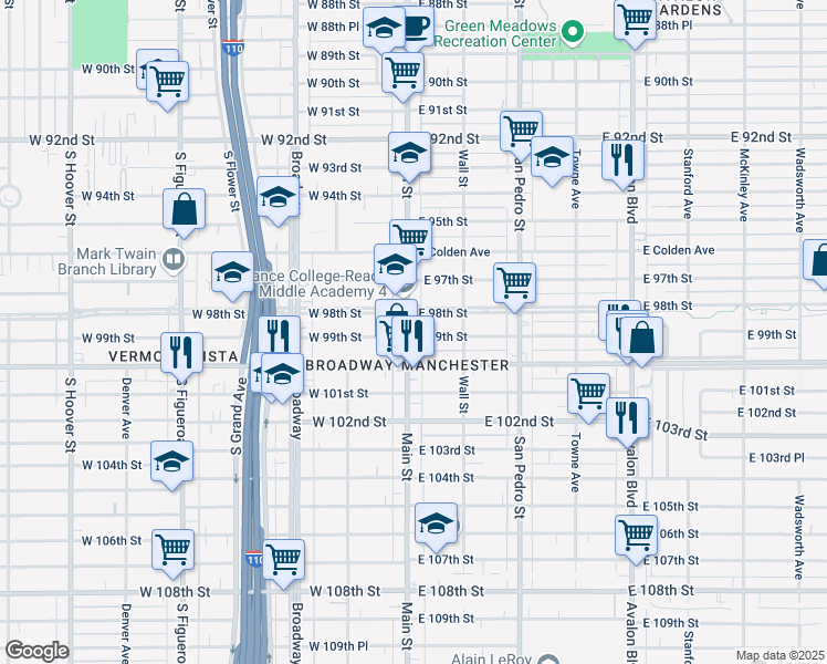 map of restaurants, bars, coffee shops, grocery stores, and more near 9824 South Main Street in Los Angeles