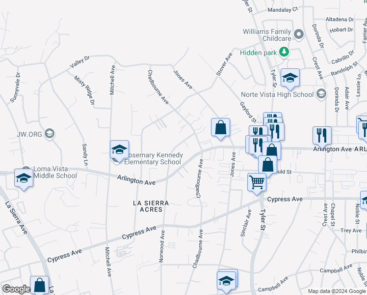 map of restaurants, bars, coffee shops, grocery stores, and more near 6555 Norwood Avenue in Riverside