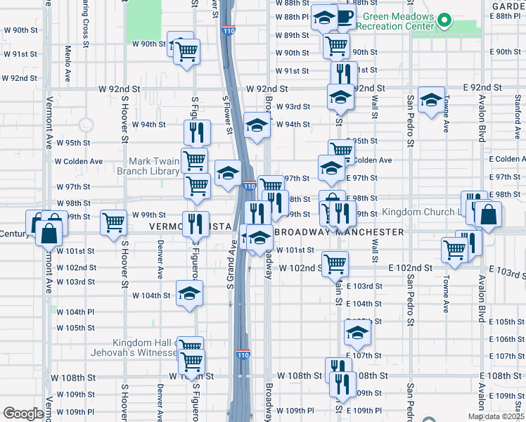 map of restaurants, bars, coffee shops, grocery stores, and more near 9824 South Broadway in Los Angeles