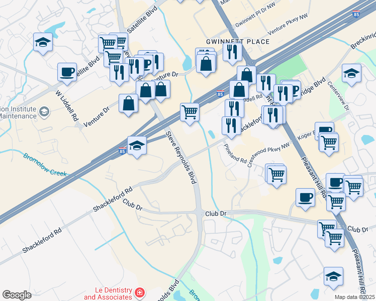 map of restaurants, bars, coffee shops, grocery stores, and more near 3616 Steve Reynolds Boulevard in Duluth