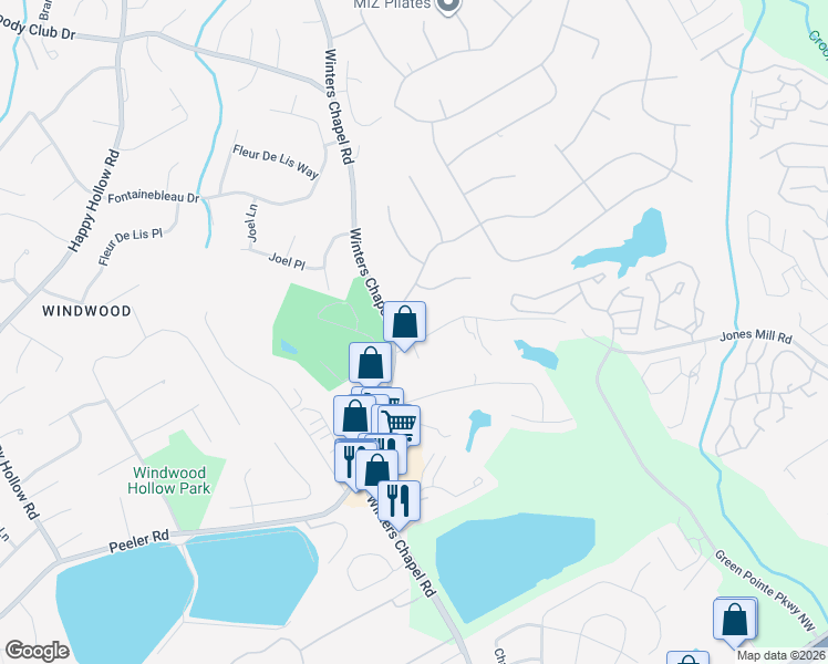 map of restaurants, bars, coffee shops, grocery stores, and more near 2899 Jones Mill Road in Atlanta