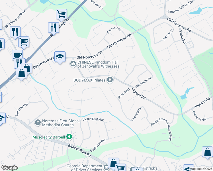 map of restaurants, bars, coffee shops, grocery stores, and more near 2616 Redfield Drive in Norcross
