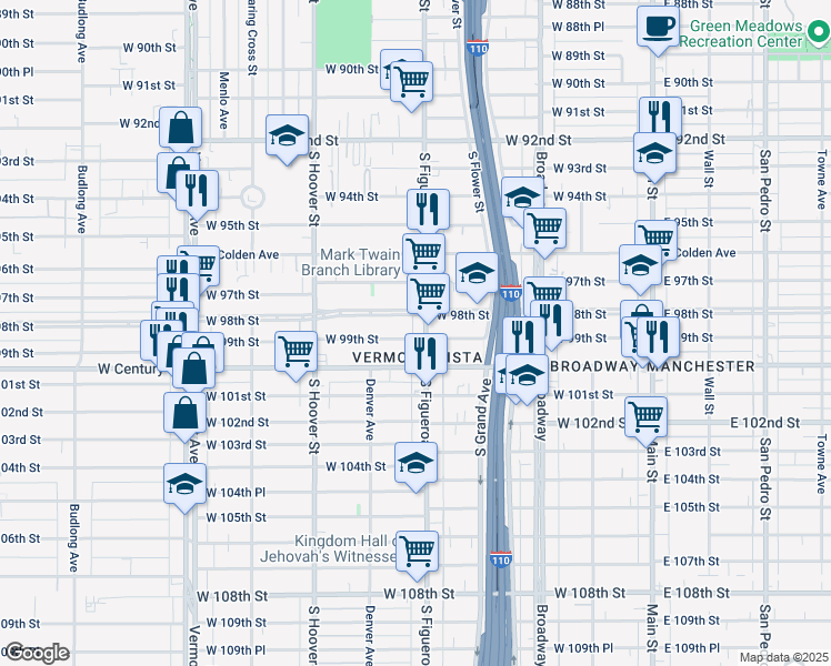 map of restaurants, bars, coffee shops, grocery stores, and more near 9900 South Figueroa Street in Los Angeles