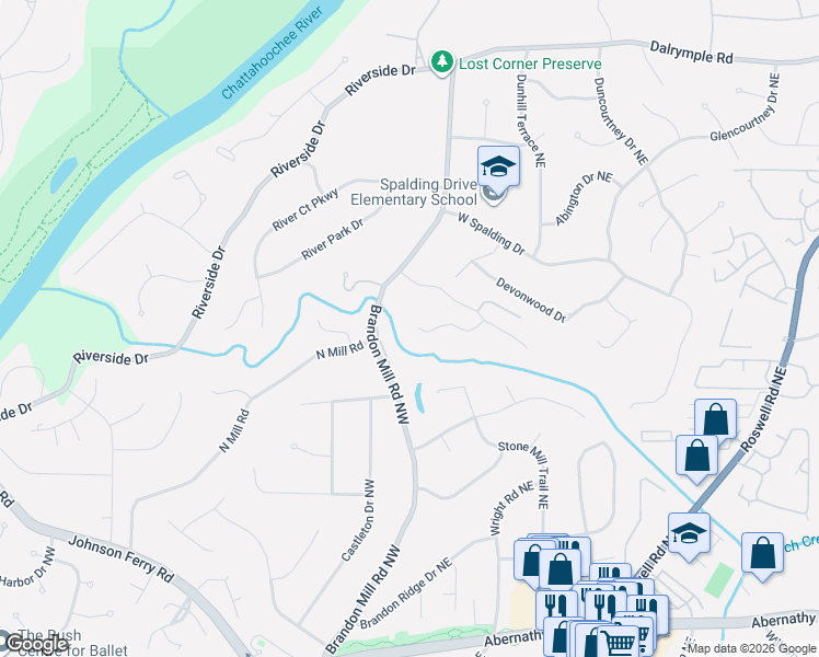 map of restaurants, bars, coffee shops, grocery stores, and more near 140 Hidden Falls Lane Northwest in Sandy Springs