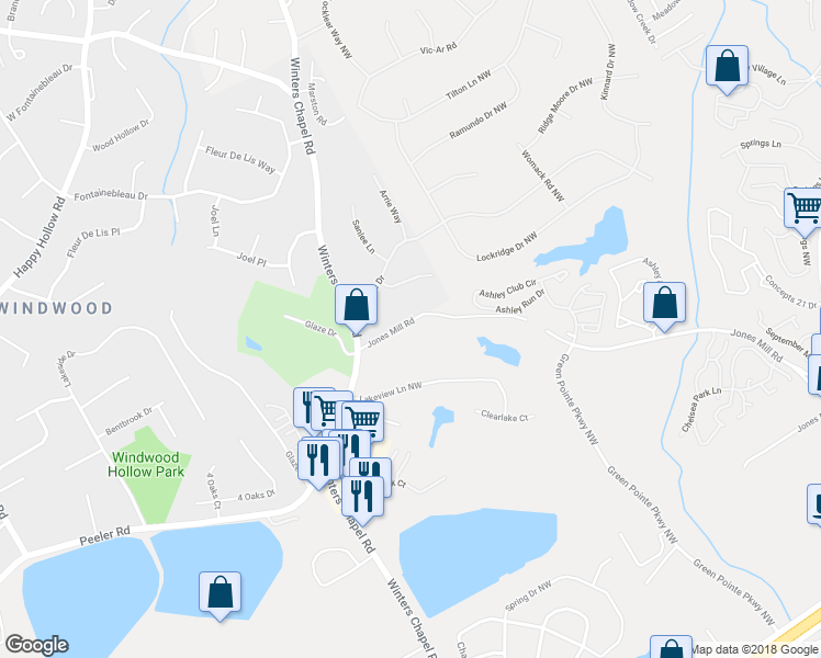 map of restaurants, bars, coffee shops, grocery stores, and more near 2909 Jones Mill Road in Atlanta