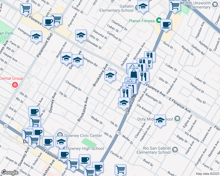 map of restaurants, bars, coffee shops, grocery stores, and more near 8564 Via Amorita in Downey
