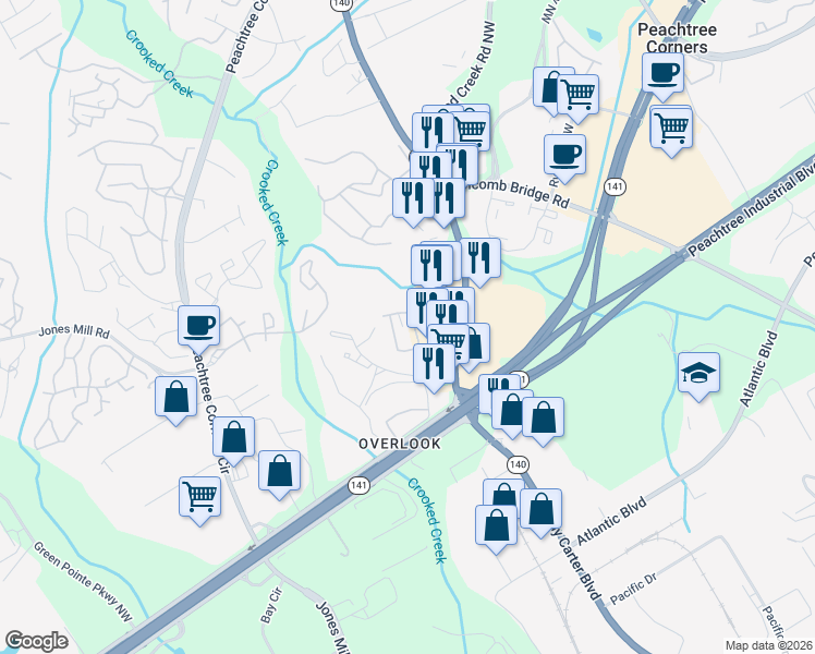 map of restaurants, bars, coffee shops, grocery stores, and more near 3363 Hidden Cove Circle Northwest in Peachtree Corners
