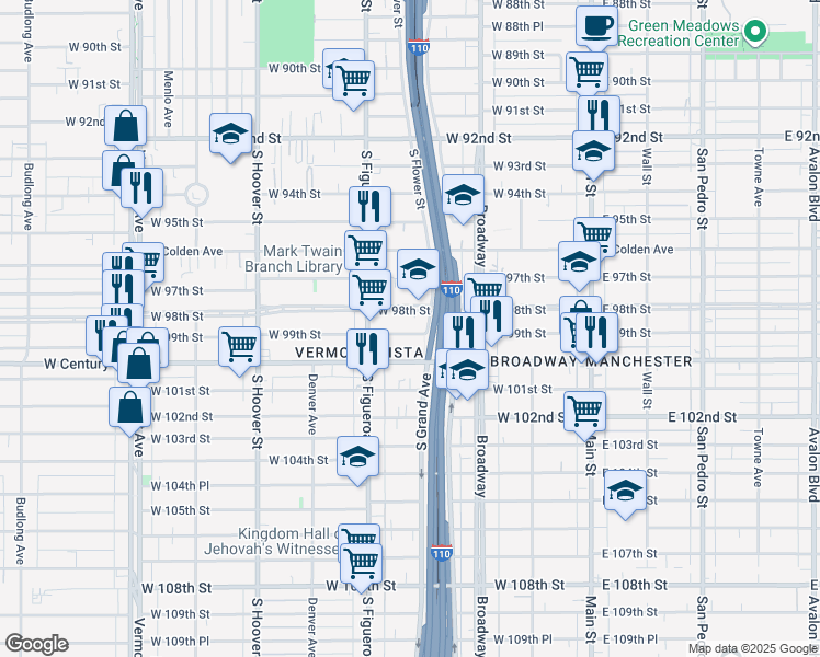 map of restaurants, bars, coffee shops, grocery stores, and more near 419 West 99th Street in Los Angeles