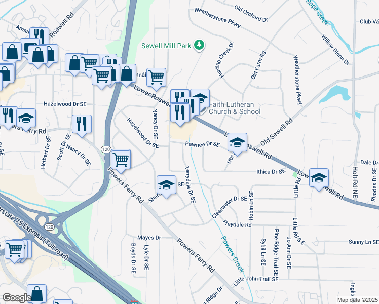 map of restaurants, bars, coffee shops, grocery stores, and more near 227 Terrydale Drive Southeast in Marietta