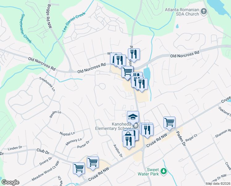 map of restaurants, bars, coffee shops, grocery stores, and more near 2712 Waverly Hills Drive in Lawrenceville