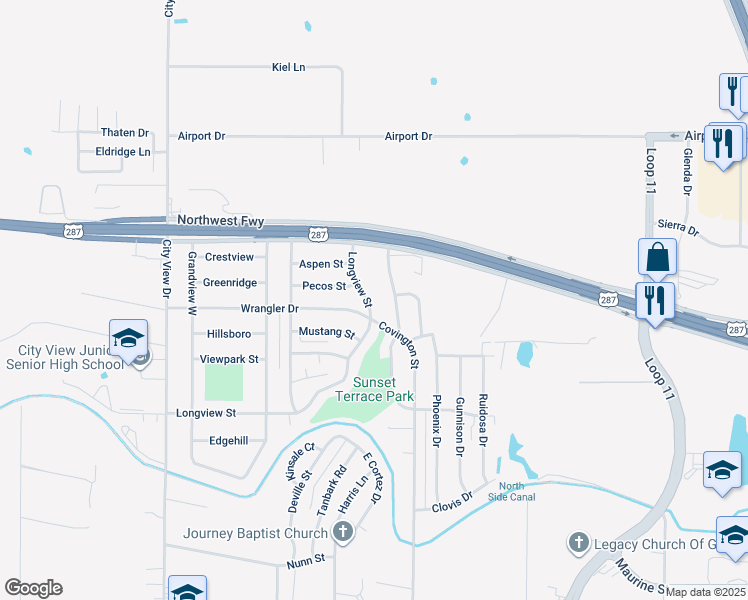 map of restaurants, bars, coffee shops, grocery stores, and more near 1707 Longview Street in Wichita Falls