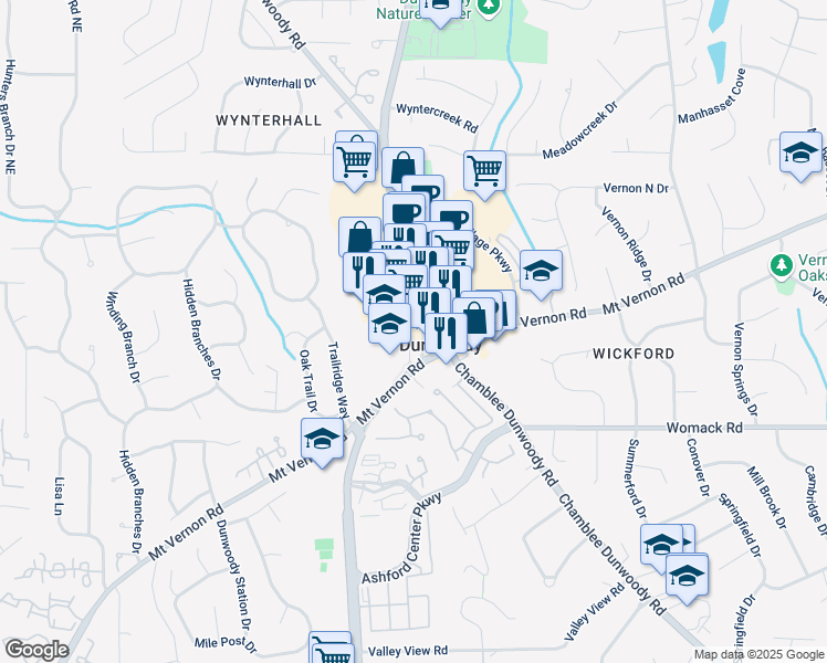 map of restaurants, bars, coffee shops, grocery stores, and more near 5054 Nandina Lane in Dunwoody