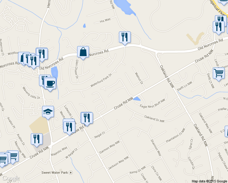 map of restaurants, bars, coffee shops, grocery stores, and more near 2340 Eagle Pointe Court Northwest in Lawrenceville