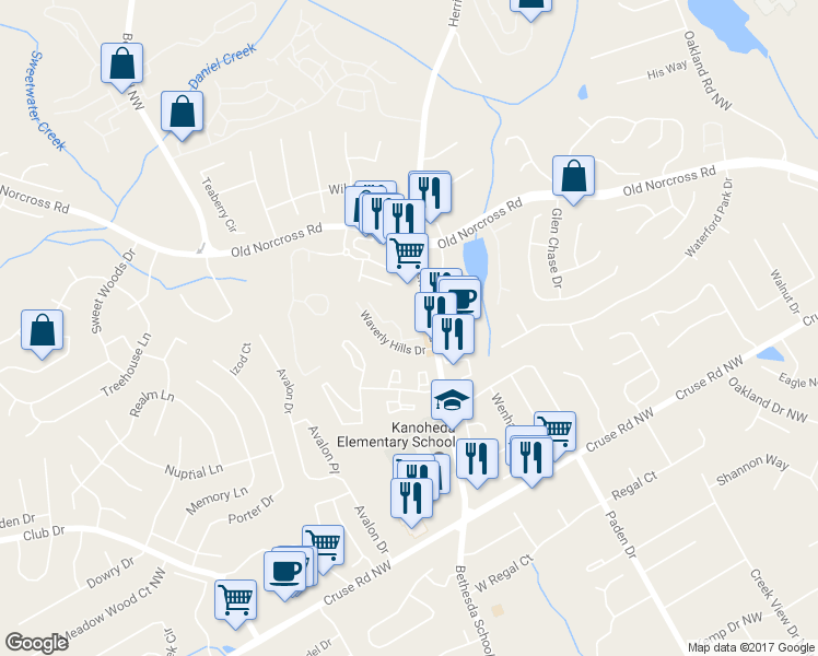 map of restaurants, bars, coffee shops, grocery stores, and more near 932 Waverly Hills Court in Lawrenceville