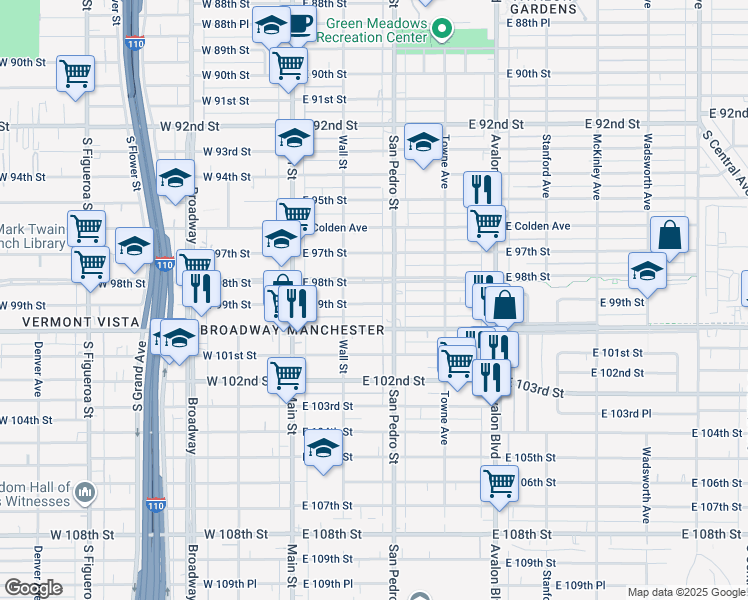map of restaurants, bars, coffee shops, grocery stores, and more near 237 East 99th Street in Los Angeles