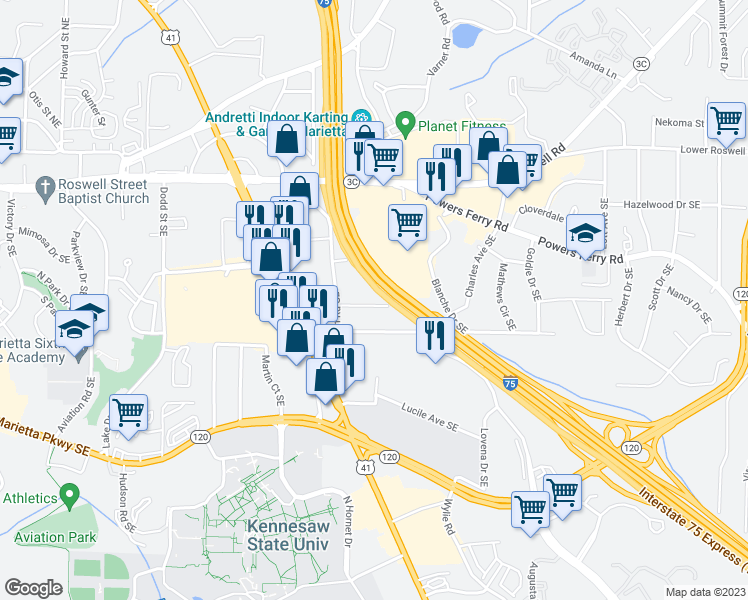 map of restaurants, bars, coffee shops, grocery stores, and more near 1279 Kasandra Drive Southeast in Marietta