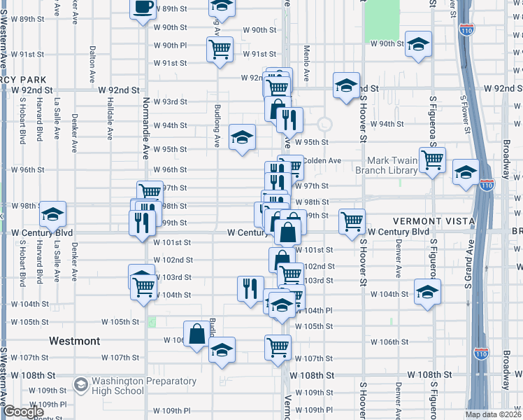 map of restaurants, bars, coffee shops, grocery stores, and more near 1036 West 98th Street in Los Angeles