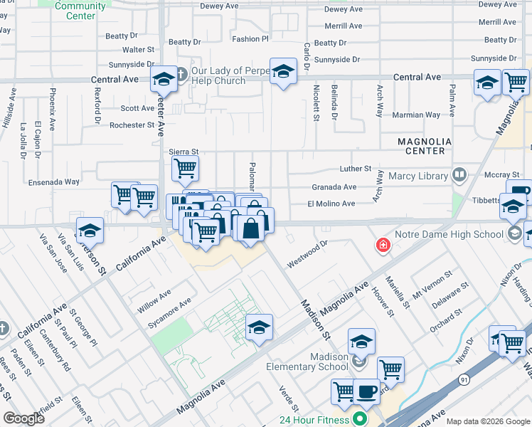 map of restaurants, bars, coffee shops, grocery stores, and more near 6975 Coronado Way in Riverside