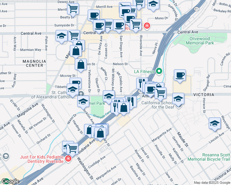 map of restaurants, bars, coffee shops, grocery stores, and more near 3579 Arlington Avenue in Riverside