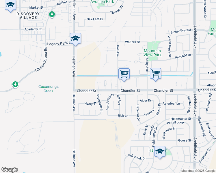 map of restaurants, bars, coffee shops, grocery stores, and more near 14751 Chandler Street in Corona