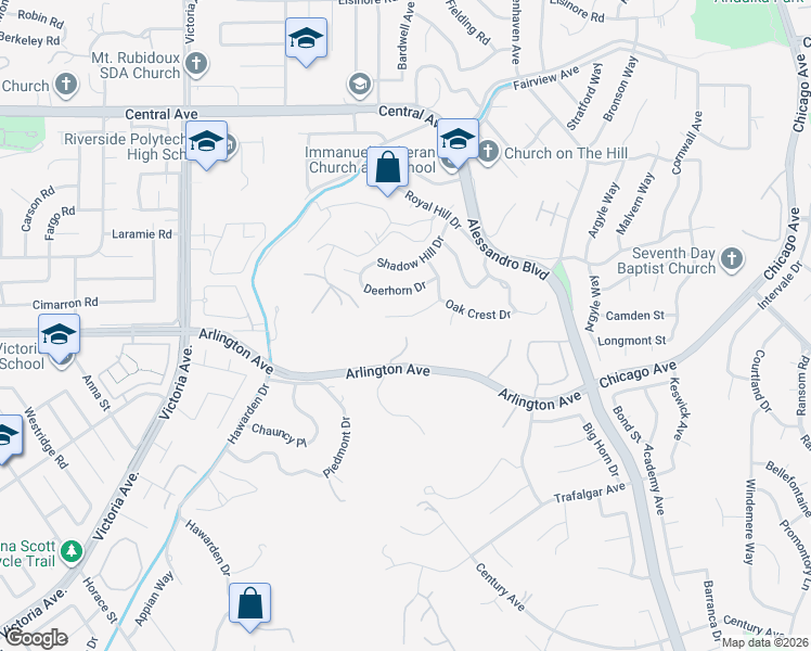 map of restaurants, bars, coffee shops, grocery stores, and more near 2350 Oak Crest Dr in Riverside