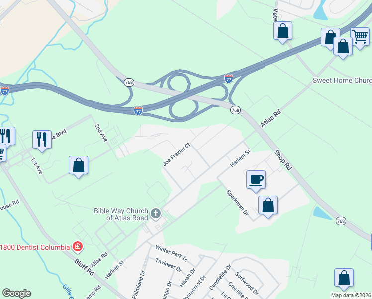 map of restaurants, bars, coffee shops, grocery stores, and more near 2112 Joe Frazier Court in Columbia