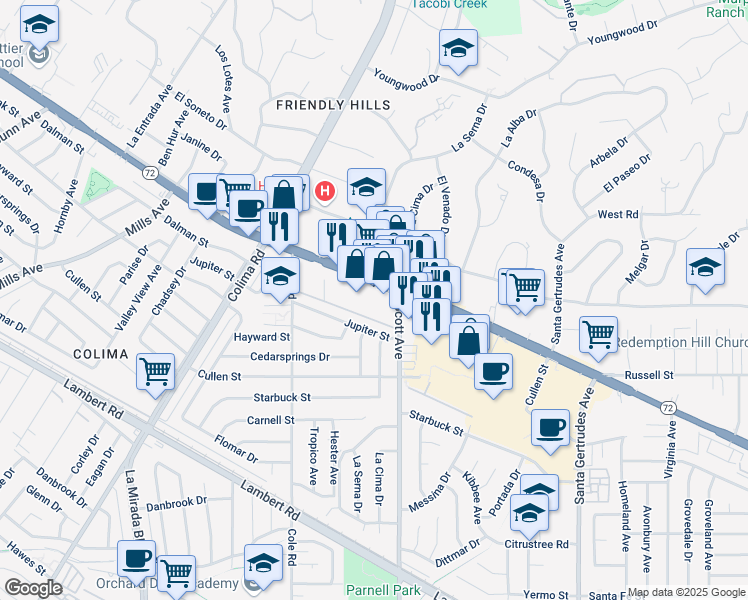 map of restaurants, bars, coffee shops, grocery stores, and more near 15236 Whittier Boulevard in Whittier