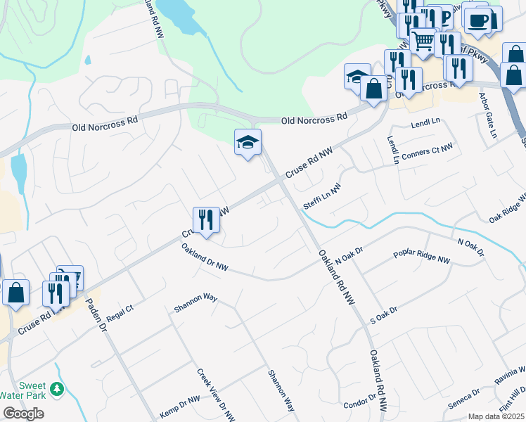 map of restaurants, bars, coffee shops, grocery stores, and more near 2294 Spicy Pine Lane in Lawrenceville