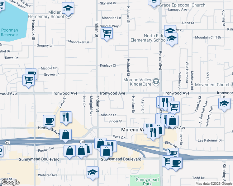 map of restaurants, bars, coffee shops, grocery stores, and more near Ironwood Avenue in Moreno Valley