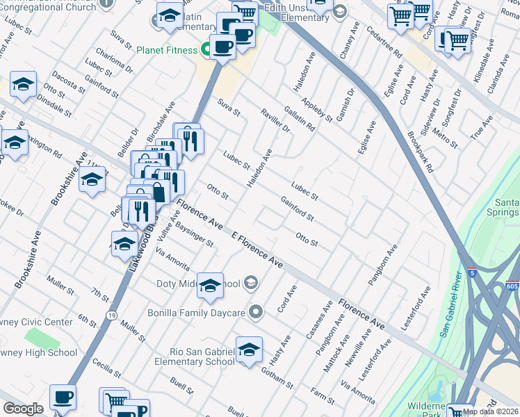 map of restaurants, bars, coffee shops, grocery stores, and more near 10011 Chaney Avenue in Downey