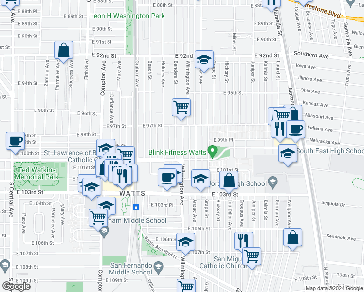 map of restaurants, bars, coffee shops, grocery stores, and more near 9825 Wilmington Avenue in Los Angeles
