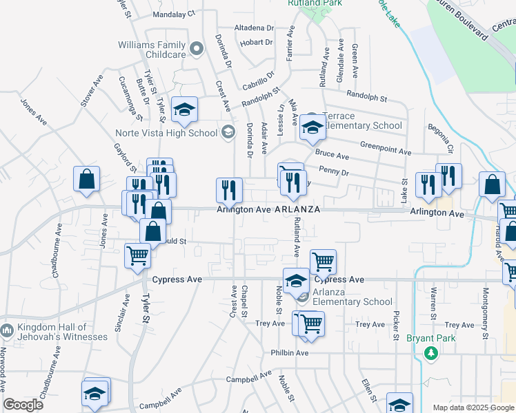 map of restaurants, bars, coffee shops, grocery stores, and more near 9505 Arlington Avenue in Riverside