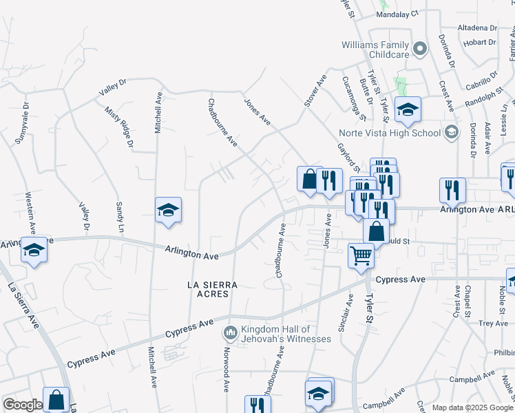 map of restaurants, bars, coffee shops, grocery stores, and more near 6555 Norwood Avenue in Riverside
