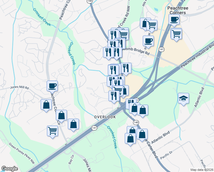 map of restaurants, bars, coffee shops, grocery stores, and more near 3267 Hidden Cove Circle Northwest in Peachtree Corners