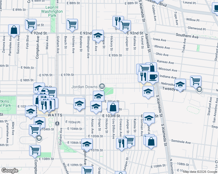 map of restaurants, bars, coffee shops, grocery stores, and more near 2062 East 99th Place in Los Angeles