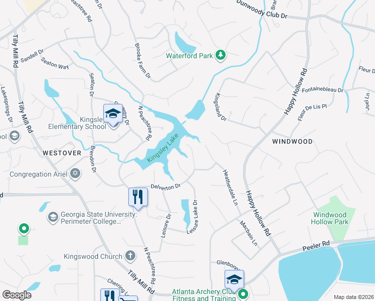 map of restaurants, bars, coffee shops, grocery stores, and more near 2398 Delverton Drive in Dunwoody