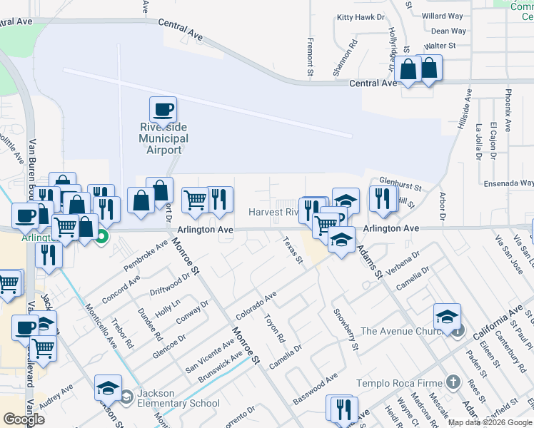map of restaurants, bars, coffee shops, grocery stores, and more near 6875 Weaver Street in Riverside