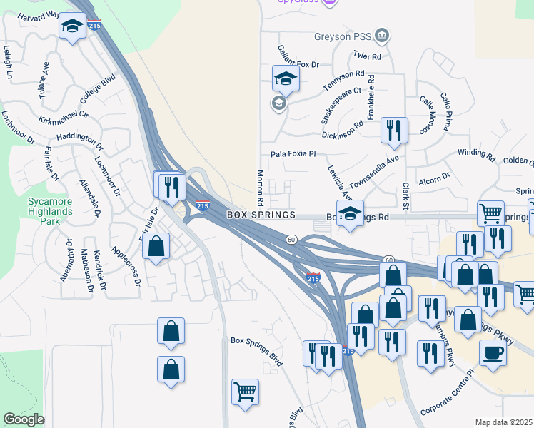 map of restaurants, bars, coffee shops, grocery stores, and more near 21025 Box Springs Road in Moreno Valley
