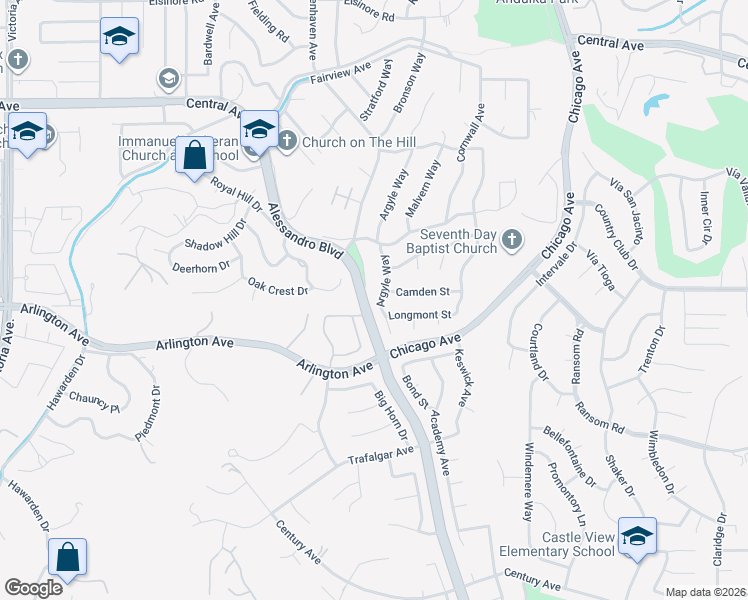 map of restaurants, bars, coffee shops, grocery stores, and more near 5810 Argyle Way in Riverside