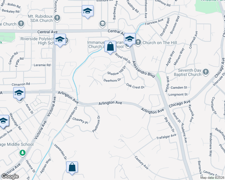 map of restaurants, bars, coffee shops, grocery stores, and more near 2350 Oak Crest Drive in Riverside