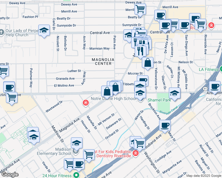 map of restaurants, bars, coffee shops, grocery stores, and more near 7024 Magnolia Avenue in Riverside