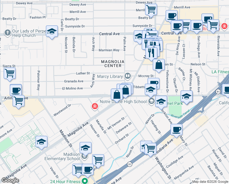 map of restaurants, bars, coffee shops, grocery stores, and more near 7024 Magnolia Avenue in Riverside
