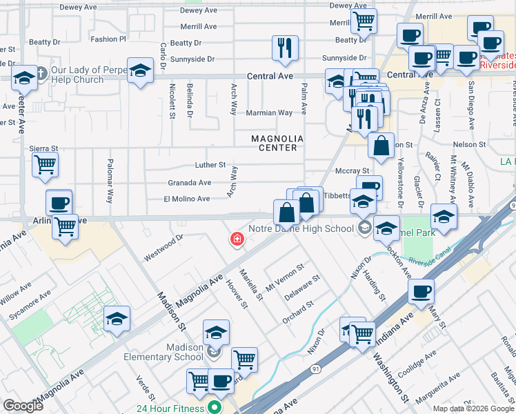 map of restaurants, bars, coffee shops, grocery stores, and more near 4609 Arlington Avenue in Riverside