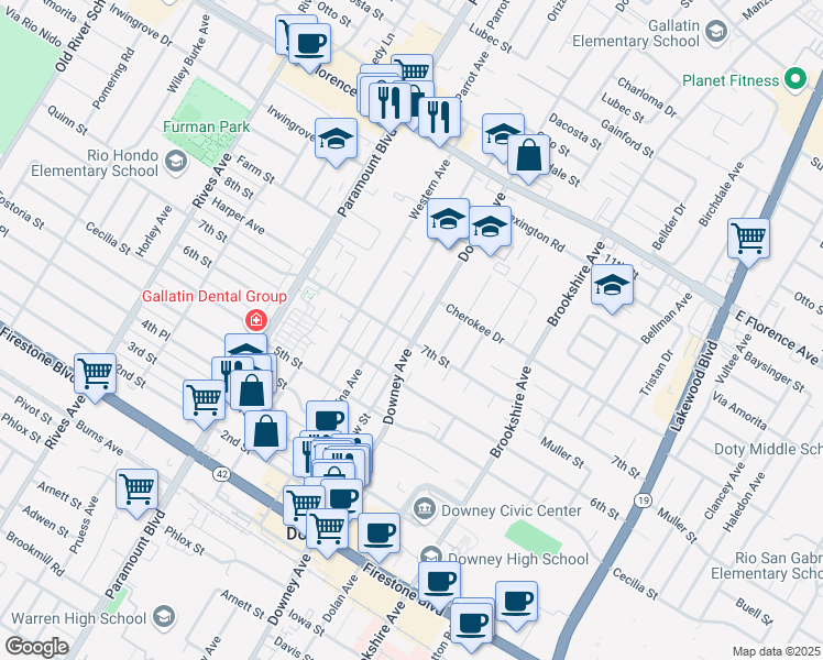 map of restaurants, bars, coffee shops, grocery stores, and more near 10547 Downey Avenue in Downey